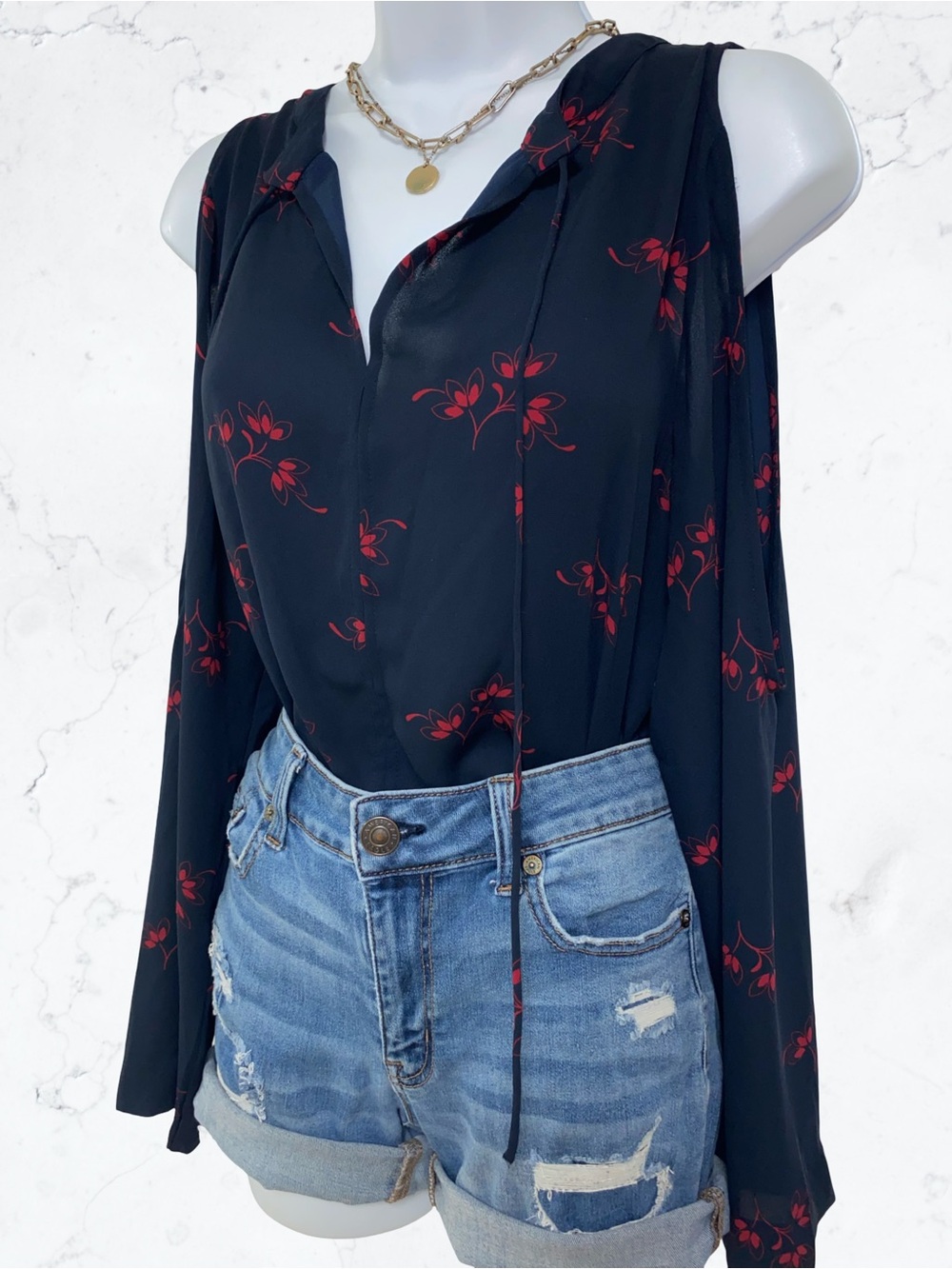 LOFT Sheer Blue Cold-Shoulder Blouse with Red Floral Print, Long Sleeve, Medium
